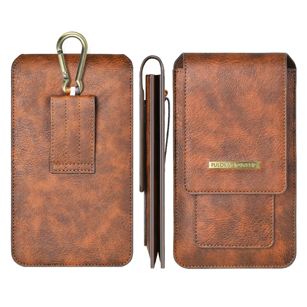 High Quality Horse Leather Waist Belt Phone Bag Double Layer with Loop Outdoor Bags Vertical Card Holder for 6.9-7.2inch Phone
