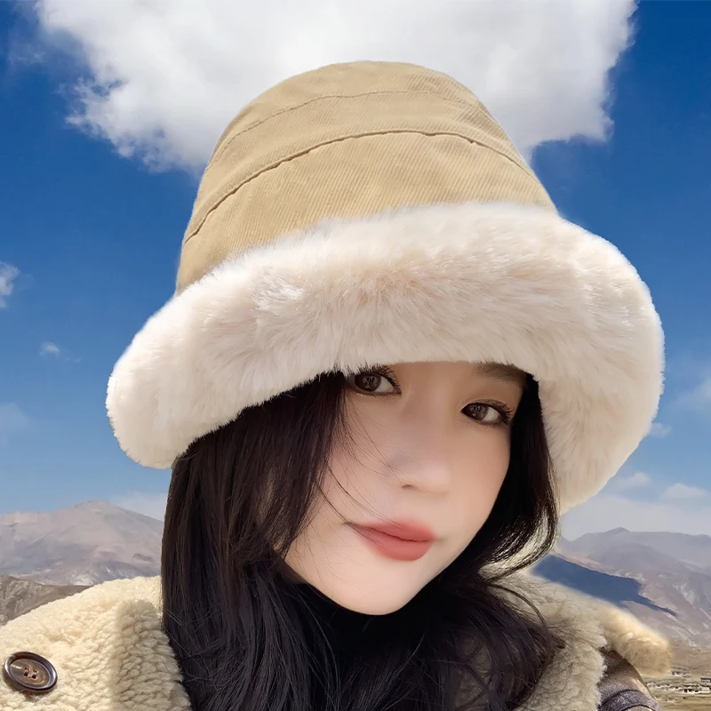 

Women's Hat Autumn Winter Japanese All-Match Internet Celebrity Fleece-Lined Bucket Hat Winter Wide Brim Warm Plush Bucket Hat