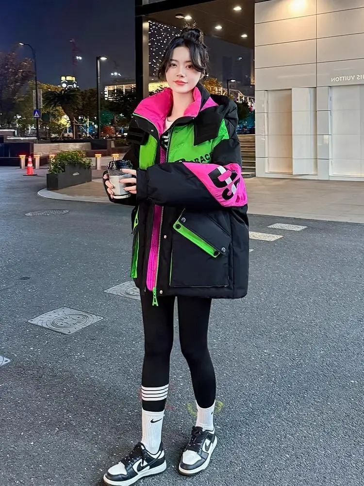 European fashion contrasting color cargo Parker medium long down jacket women's winter new white duck down loose jacket