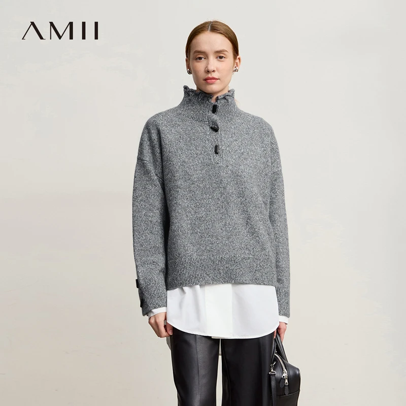 

Amii Pullover Sweater 2025 Winter New Commuter Turtleneck Half-cardigan Versatile Top Women Loose Long Sleeve Knitwear 12544144