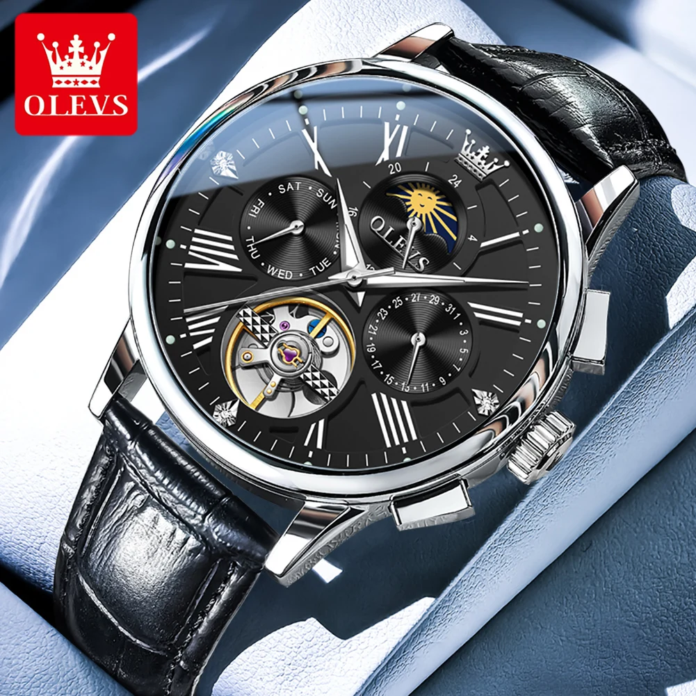 OLEVS 9912 Hollow Automatic Watch for Men Fashion Leather Strap Waterproof Moon Phase Skeleton Flywheel Mechanical Mens Watch es