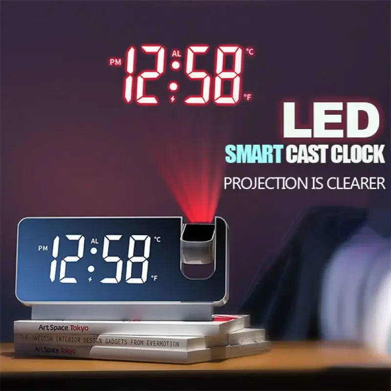 

180° Arm Projection Digital Alarm Clock Temperature Humidity Night Mode Snooze Table Clock 12/24H USB Projector LED Clock