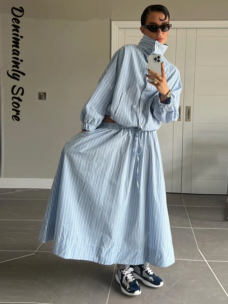 Casual Strip Long Skirts Set Women Stand Collar Full Sleeve Single Breasted Shirt Lace Up A-line Skirt 2026 Spring Lady Suit New