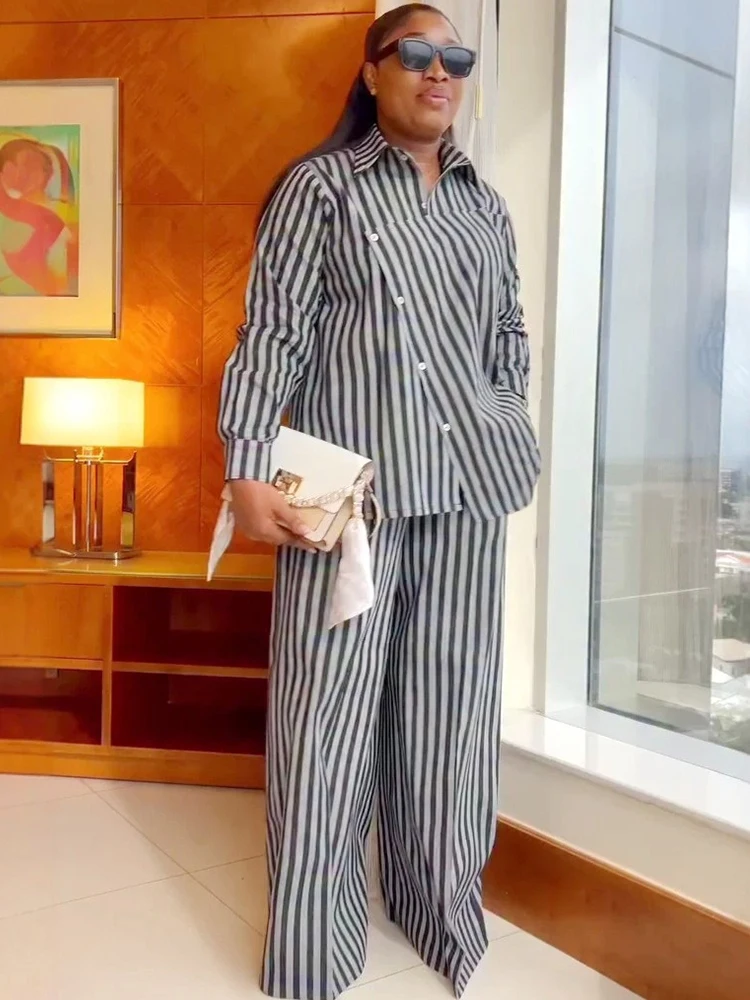Women Matching Set Vertical Stripes Pajama Style Shirt with Wide Leg Pant Sets Loose Fit  African Lady Clothing Two Piece Set