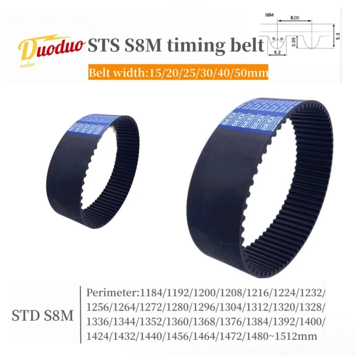 

1pc STS S8M Rubber Timing Belt Length 1184 1192 1200 1208 1216 1224mm-1512mm Width 15 20 25 25 30 40 50mm Loop Synchronous Belt,