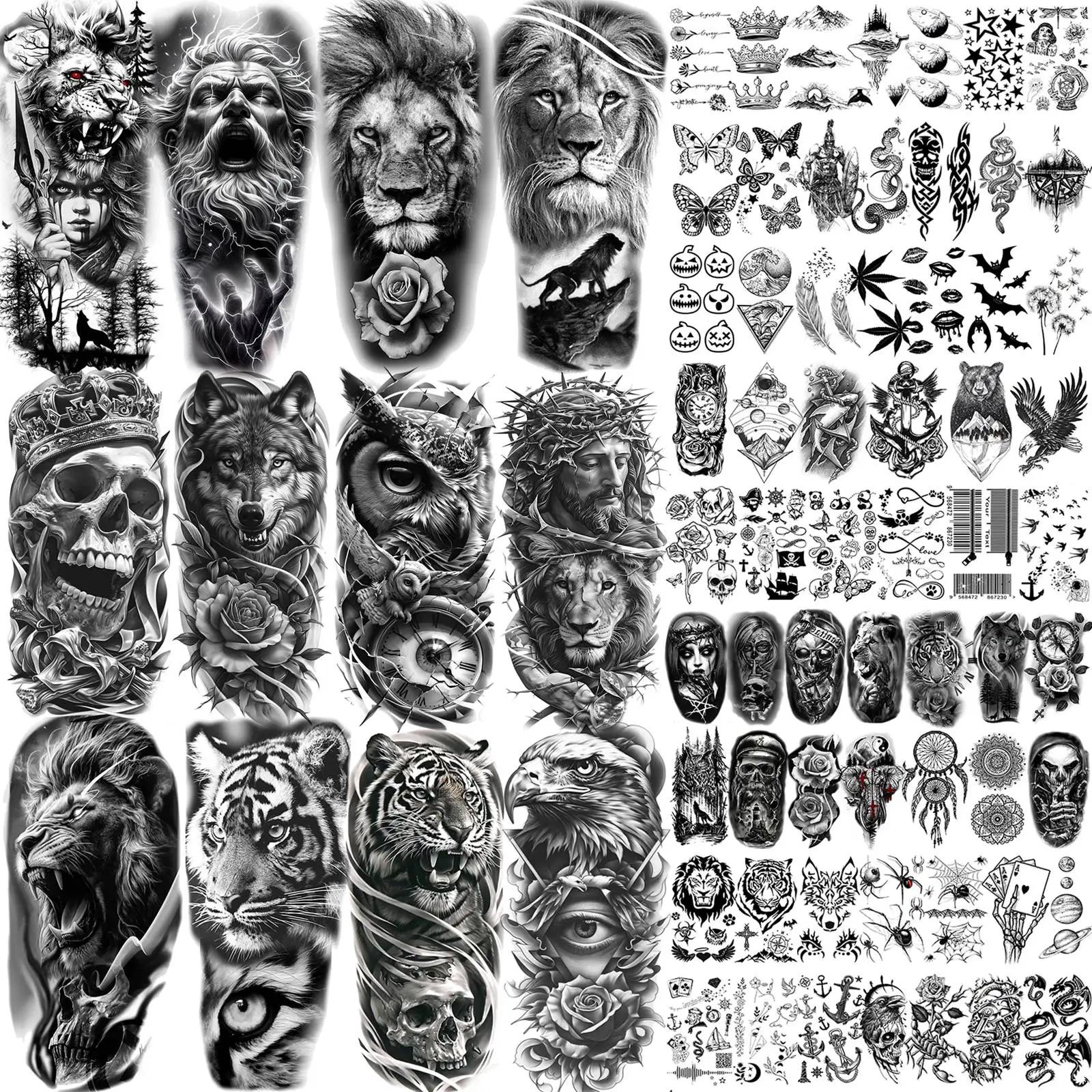 

73 Sheets Cool Lion Zeus Wolf Temporary Tattoos For Men Women Tiger Owl Tatoos Waterproof Realistic Jesus Fake Tattoo Stickers