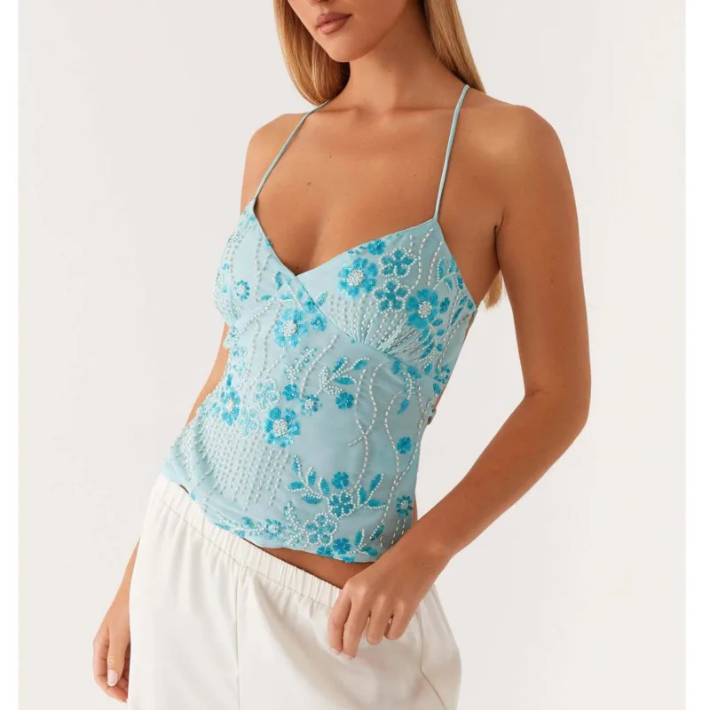 Dopamine hauts et t-shirts couleur sans manches bretelles Camisole Topwomen été 2025 personnalisé brodé perle dos à lacets t-shirts nouveau