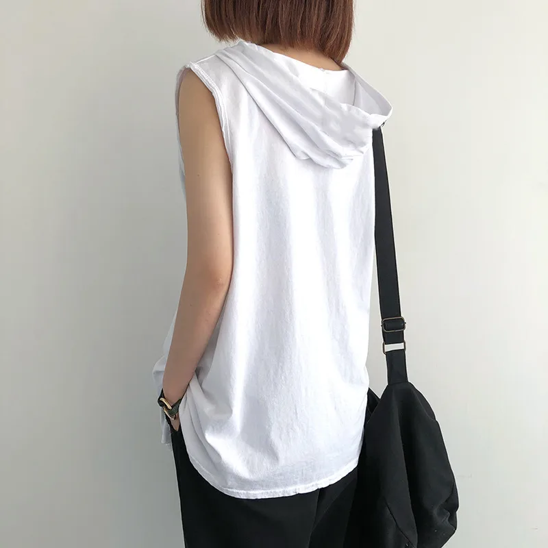 Women\'s Clothing Casual Loose Sleeveless Hoodies Summer New Solid Color Fashion Basics Pockets Patchwork Sweatshirts for Female