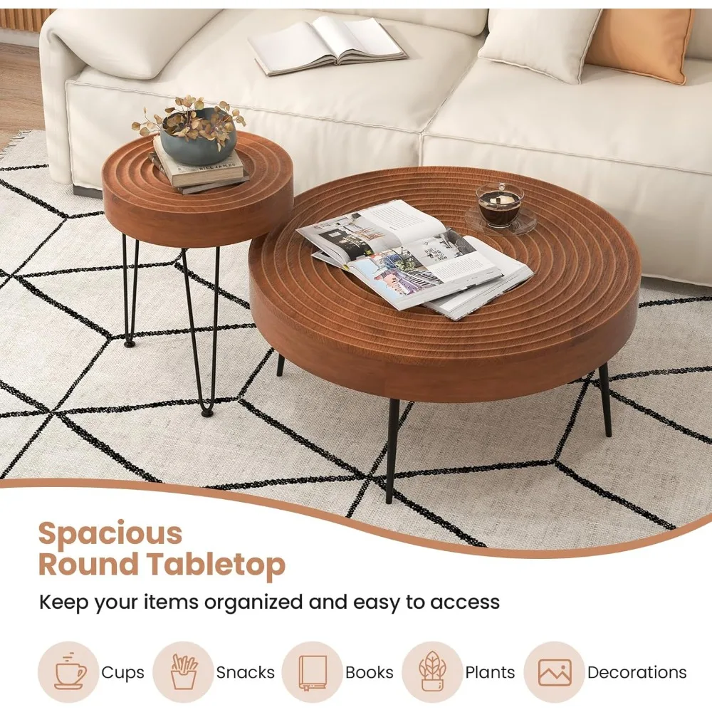 Conjunto de mesa de centro rústica estilo fazenda - 2 mesas laterais com estrutura de metal com acabamento em madeira e pés ajustáveis