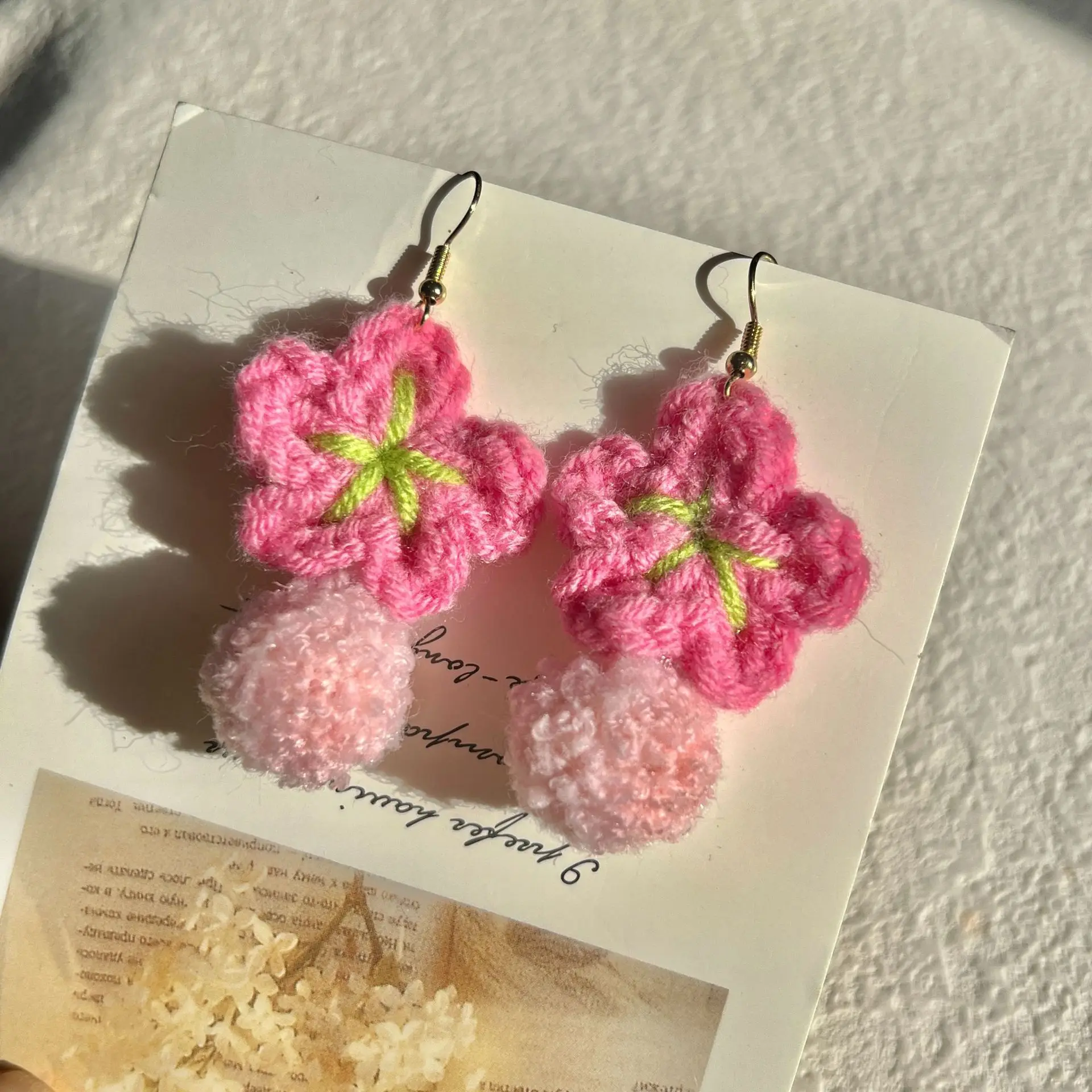 New Stylish Hand Knitting Crocheting Pink Flower Fluffy Ball Pendant Hook Earrings Cute Fashion Jewelry for Kids Students Ladies