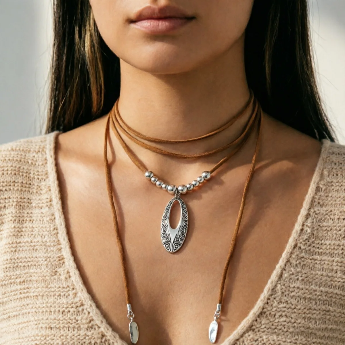 Ethnische Tribal-Halskette in Antiksilber-Optik mit Spiralmuster, Hohlem Oval-Anhänger und Braunem Lederband für Damen, Vintage Choker-Schmuck – Detail 17