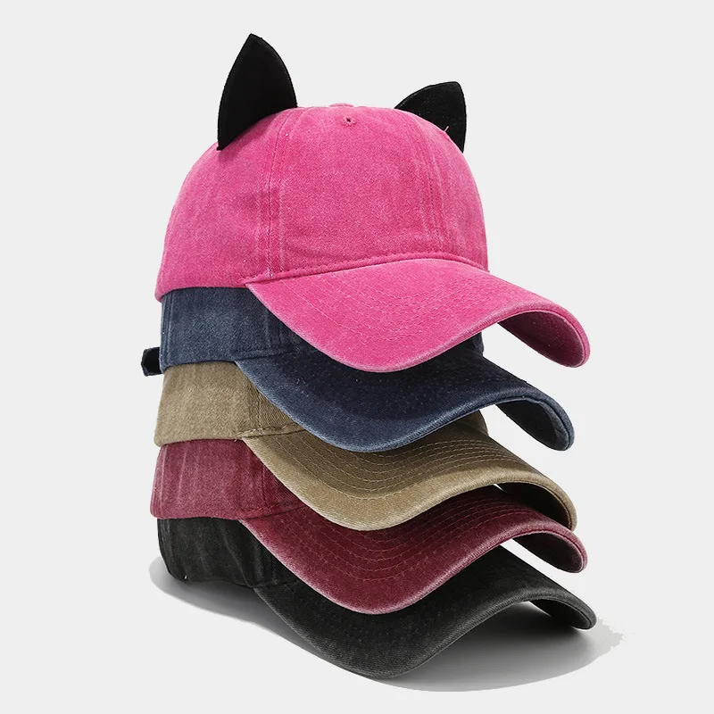 

New Cool Cat Ear Cute Men And Women Adult Fashion Punk Breathable Vintage Washed Denim Baseball Cap Unisex Outdoor Activity Cap