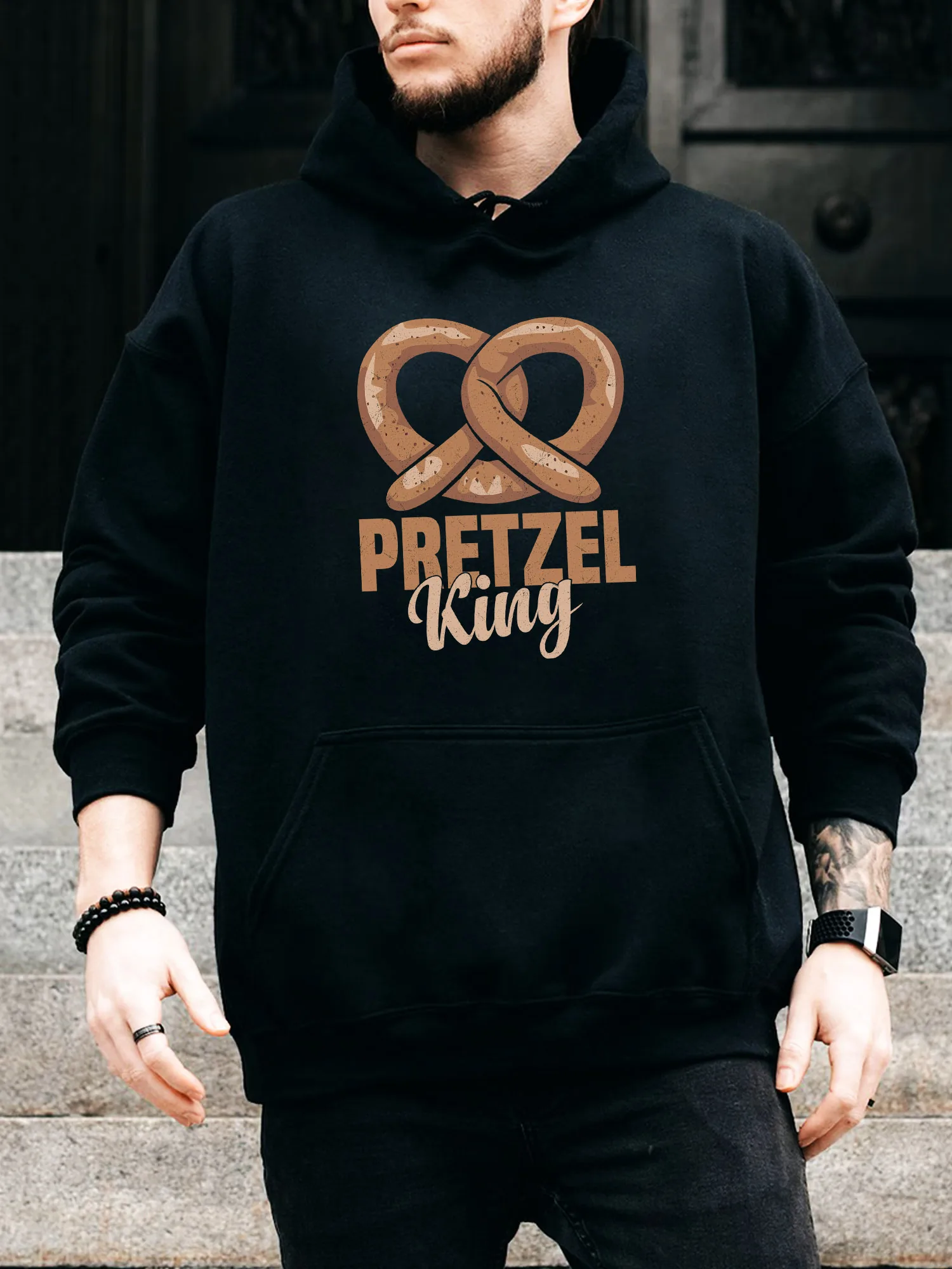 

Мужская толстовка на шнурке Pretzel King — повседневный удобный черный пуловер, осенне-зимняя толстовка с капюшоном