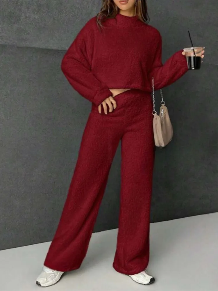 Short Pullovers And High Wiast Pant Homewear Women Suit Solid Color Casual Top Wide Leg Trouser Winter Two Piece Set 2024 New