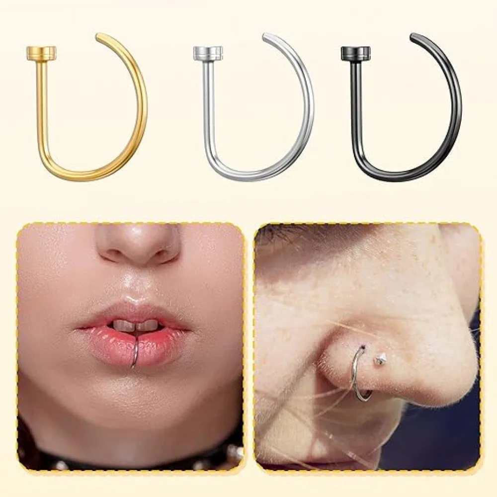4 Pack Non Piercing D-Shaped Nose Rings Fake Nose Cuffs, Stainless Steel Clip On Nose Hoops, Punk Minimalist Fake Piercing Nose Jewelry for Women Men Party Daily Cosplay view 5