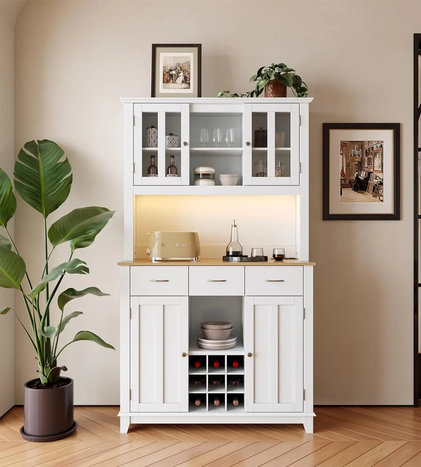 Farmhouse Coffee Bar Cabinet w/ Charging Station, USB Ports, Sliding Barn Doors Wine and Glasses Rack, White Window