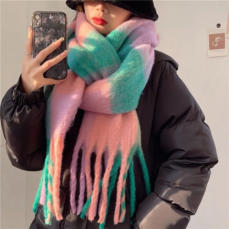 Mohair Rainbow Winter Plaid Cashmere Scarf Shawl Wrap Chequered Scarves Necks Warm Long Tassel Thicker bufanda invierno mujer