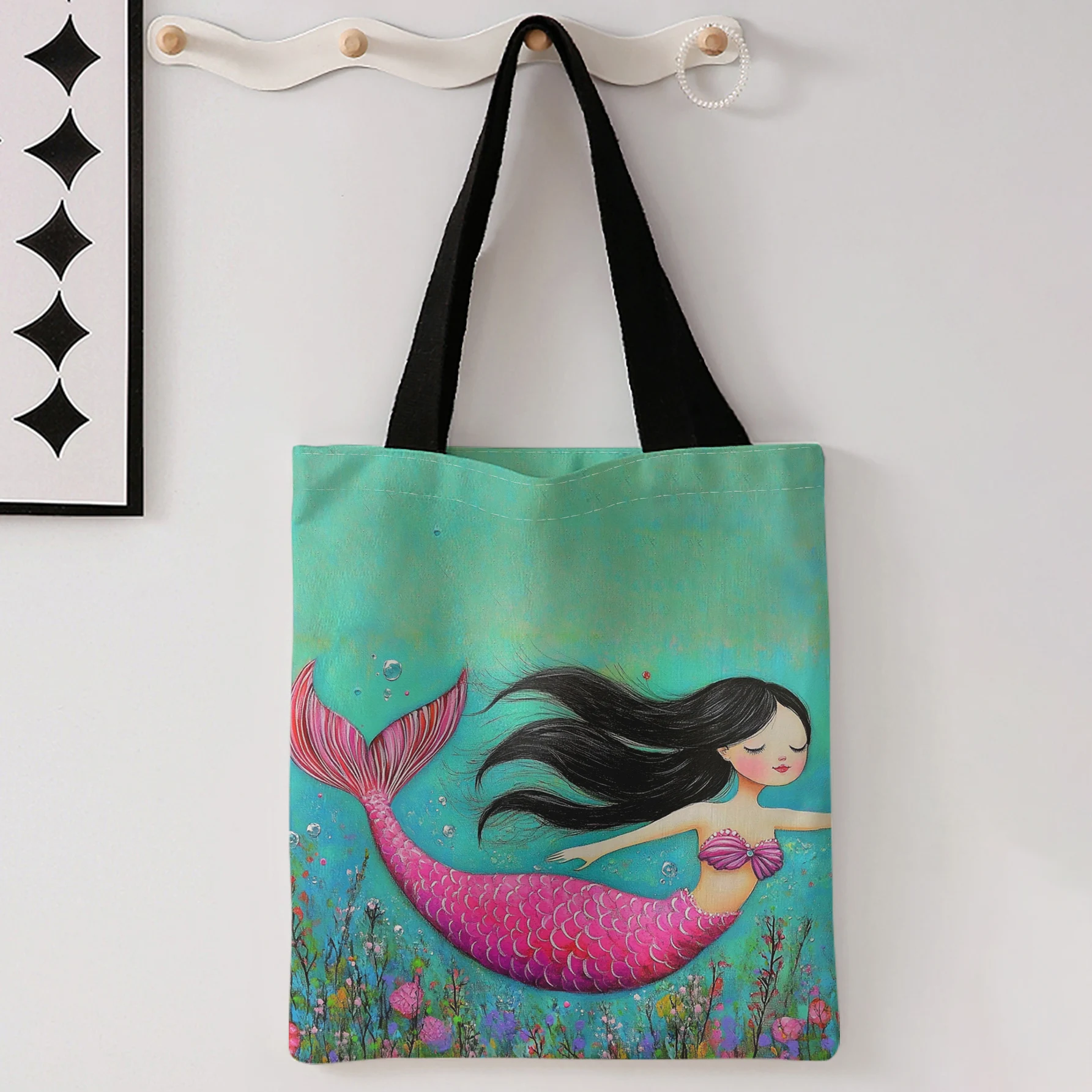 Mermaid Print Tote Bag With Black Handles Large Shoulder Handbag For Shopping Daily Use