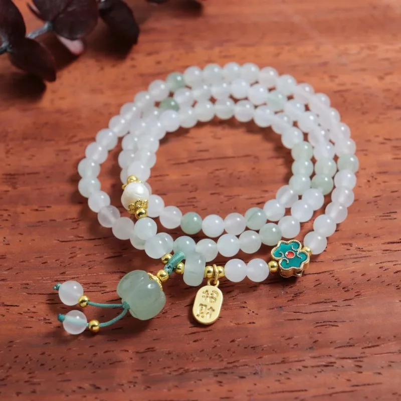 Natural Tianshan Green Jade Bracelet, White Jade Round Bead Multi-circle Flower Bracelet.