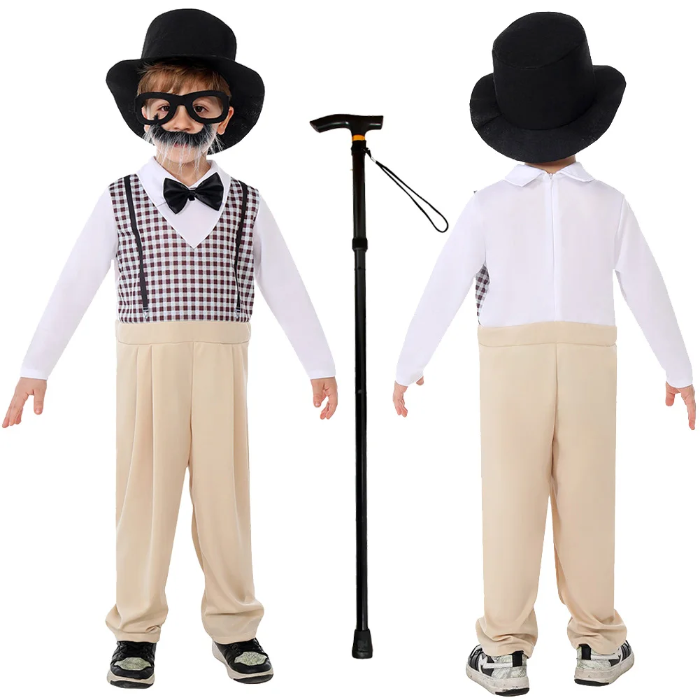 Beard Centenarian Halloween Cosplay Costume for Boy Jumpsuit With Hat Glasses Suit Kids Children World Book Day Grandpa Outfits