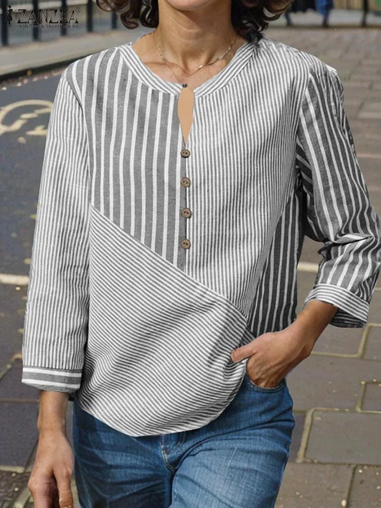 2024 Elegante V-hals 3/4 Mouw Gestreepte Blouse ZANZEA Mode Vrouwen OL Werk Shirt Herfst Zomer Tops Casual vrouwen Blusas Mujer