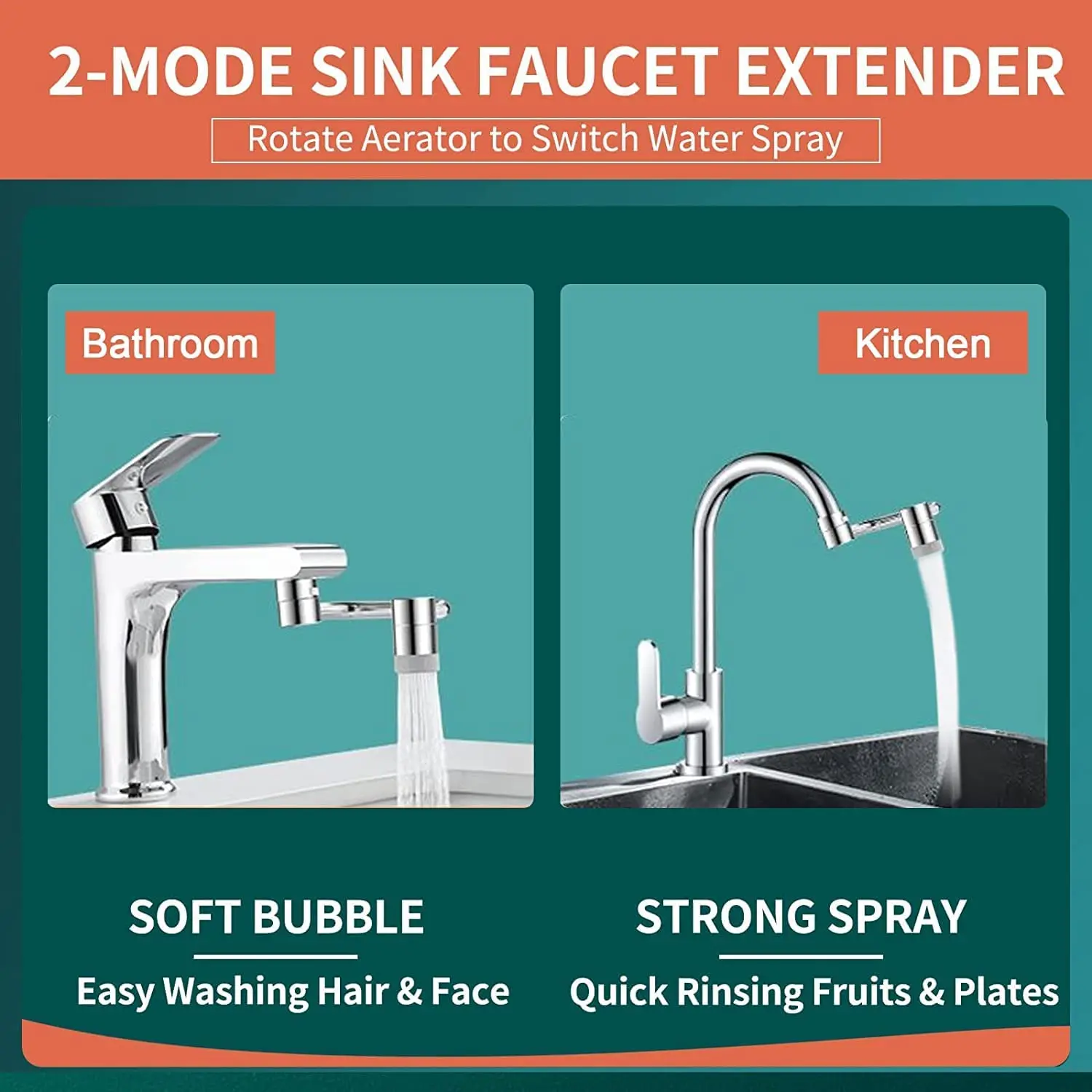 2 mode silver rotary faucet, metal copper U-shaped mechanical arm, 1080° pressurized anti-splash filter hose nozzle head for you