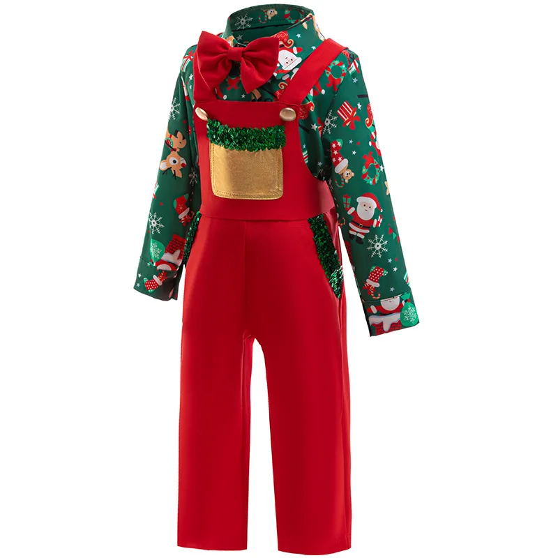 Childrens Christmas Party Dress Boys' Color Blocked Evening Clothing New Style Autumn Jumpsuit + Top Two Pieces Sets With Bow