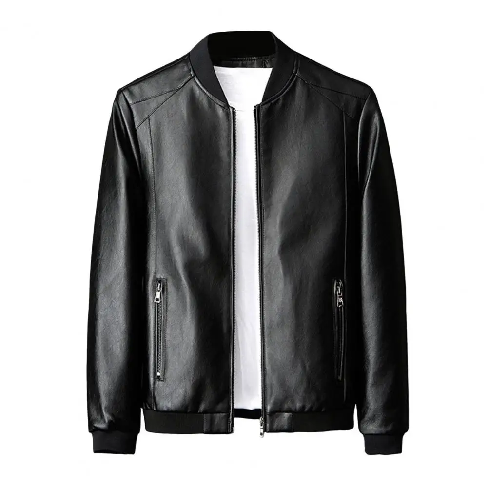 Faux Leather Coat Stylish Men's Faux Leather Motorcycle Jacket with Stand Collar Pockets Elastic Hem Solid Color Long for A