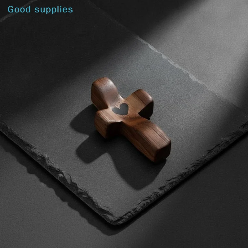 nimbleSolid Black Walnut Wood Heart Thumb Cross Ornament Handheld Small Decor for Office Desktop Valentine's Day Giftobject