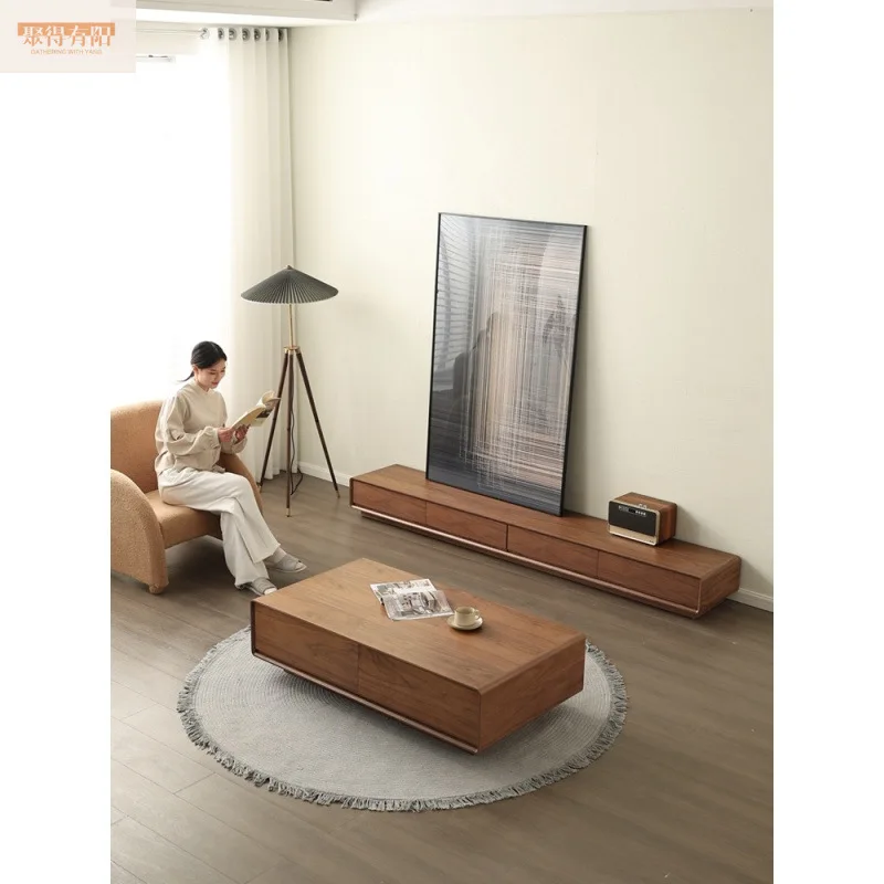 Nordic simple TV cabinet coffee table combination light luxury Italian living room walnut TV cabinet small apartment storage flo