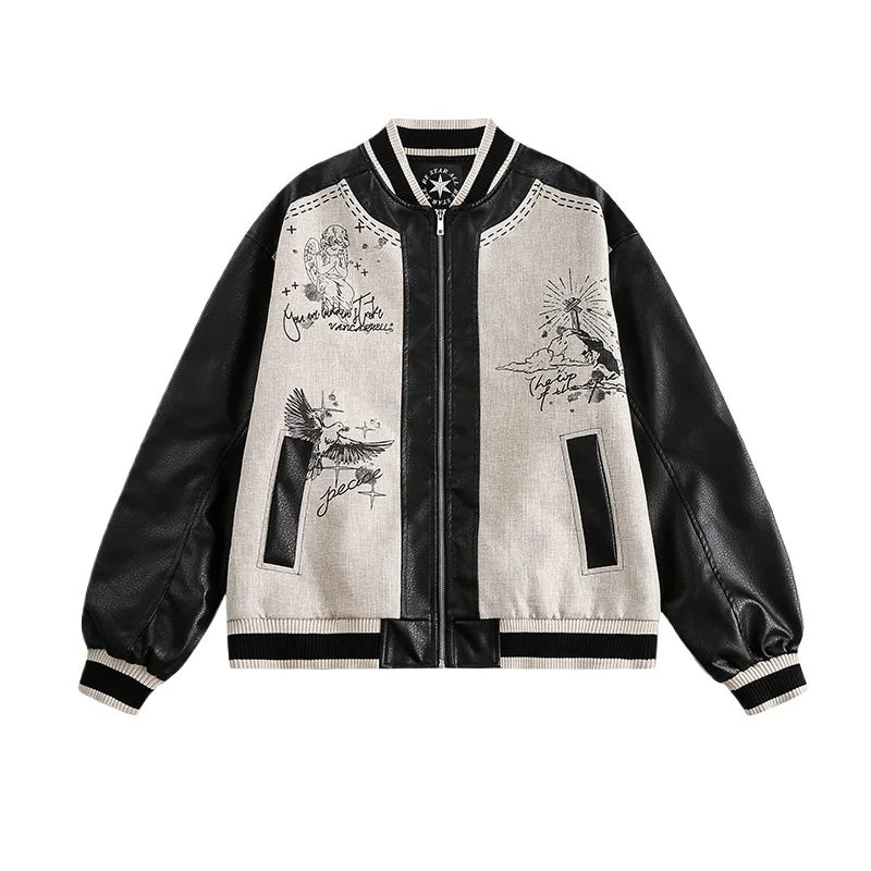 Niche Design Sense, Splicing Baseball Jacket Vintage Street Style PU Leather Jacket