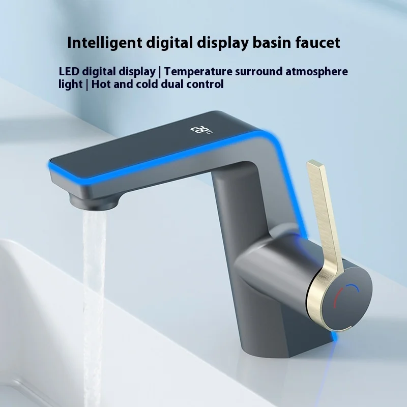 Keran Wastafel Kamar Mandi Tampilan Digital - Abu-abu, Air Panas Dingin, Di Bawah Pemasangan, Lubang Tunggal, Keran Rias dengan Indikator Suhu