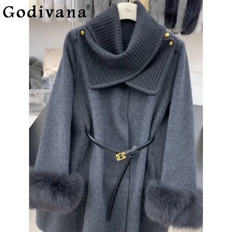 Abrigo de lana con capa y bufanda gris para mujer, abrigo de lana holgado y cálido de gama alta, abrigo de longitud media grueso japonés para mujer