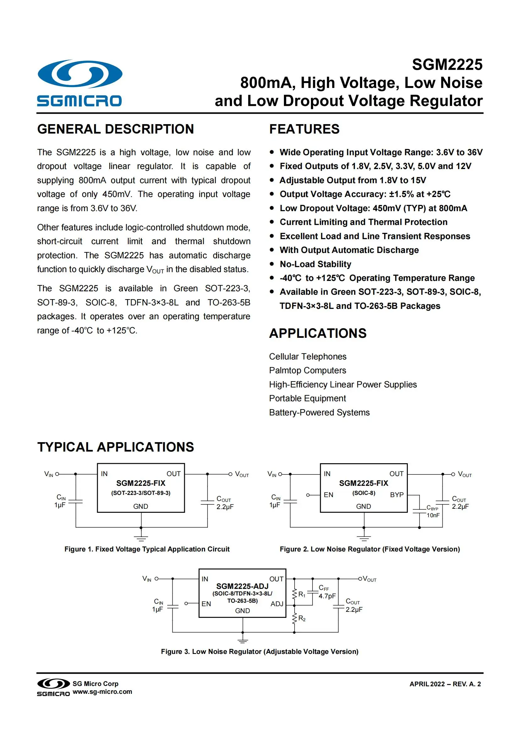 10Pcs/lot SGM2225-5.0XS8G/TR SOIC-8 Fixed Outputs of 5V,800mA,High Voltage,Low Noise and Low Dropout Voltage Regulator