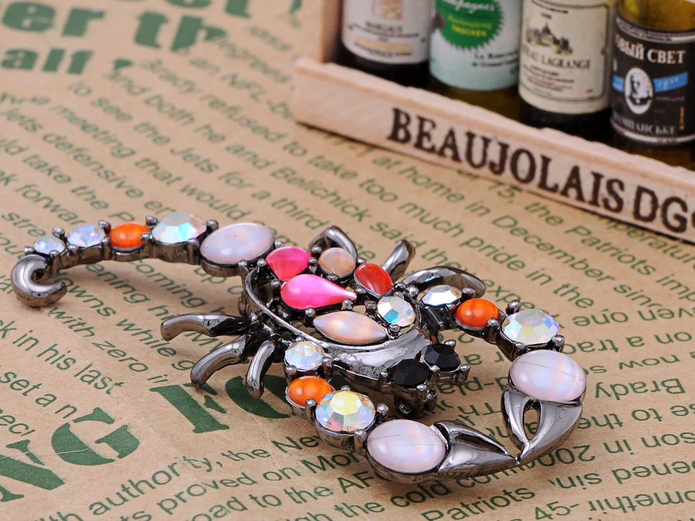 Metallic Colorful Pink Cat-Eye Beaded Scorpion Insect Costume Jewelry Pin Brooch