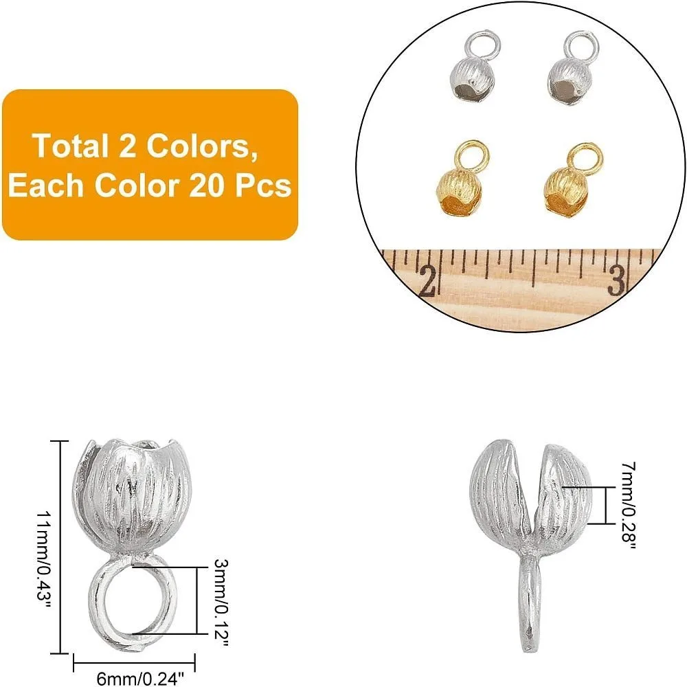 40pcs 2 Color Brass Bead Tips 11x6mm Terminators Crimp End Tips Covers Knot Covers Beads with 3mm Hole for Jewelry Making