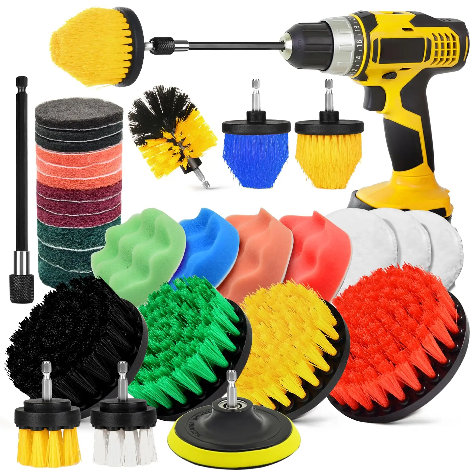 31 Pcs Drill Cleaning Brush with Scrub Pads Sponge Extend Attachment  for Glass Polishing Sealing Glaze Waxing Various Paints