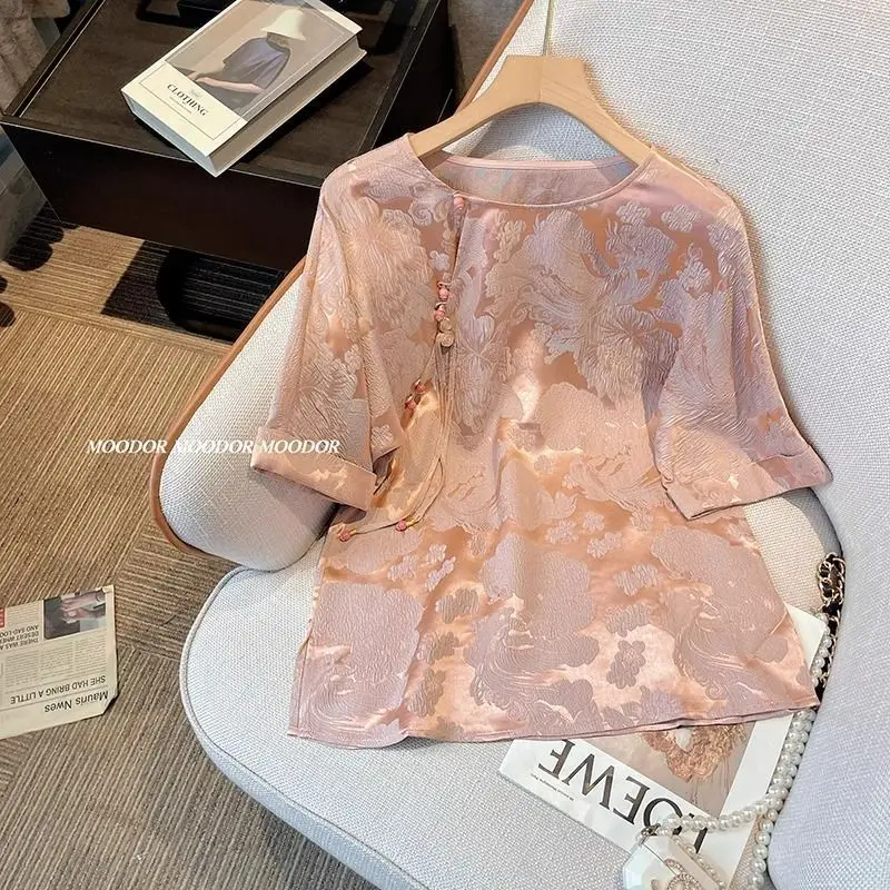 

Розовая Атласная Блузка с круглым вырезом, женская элегантная жаккардовая рубашка, новый женский топ в китайском стиле с полурукавами, летняя Весенняя повседневная одежда