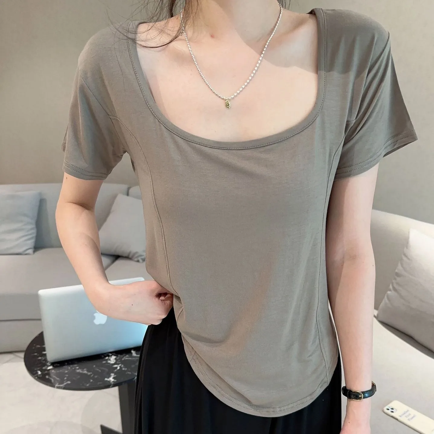 Simple Modal Tshirts Square Collar short sleeves Summer women's T-shirt solid color Base Tee Tops arc hem All match Top