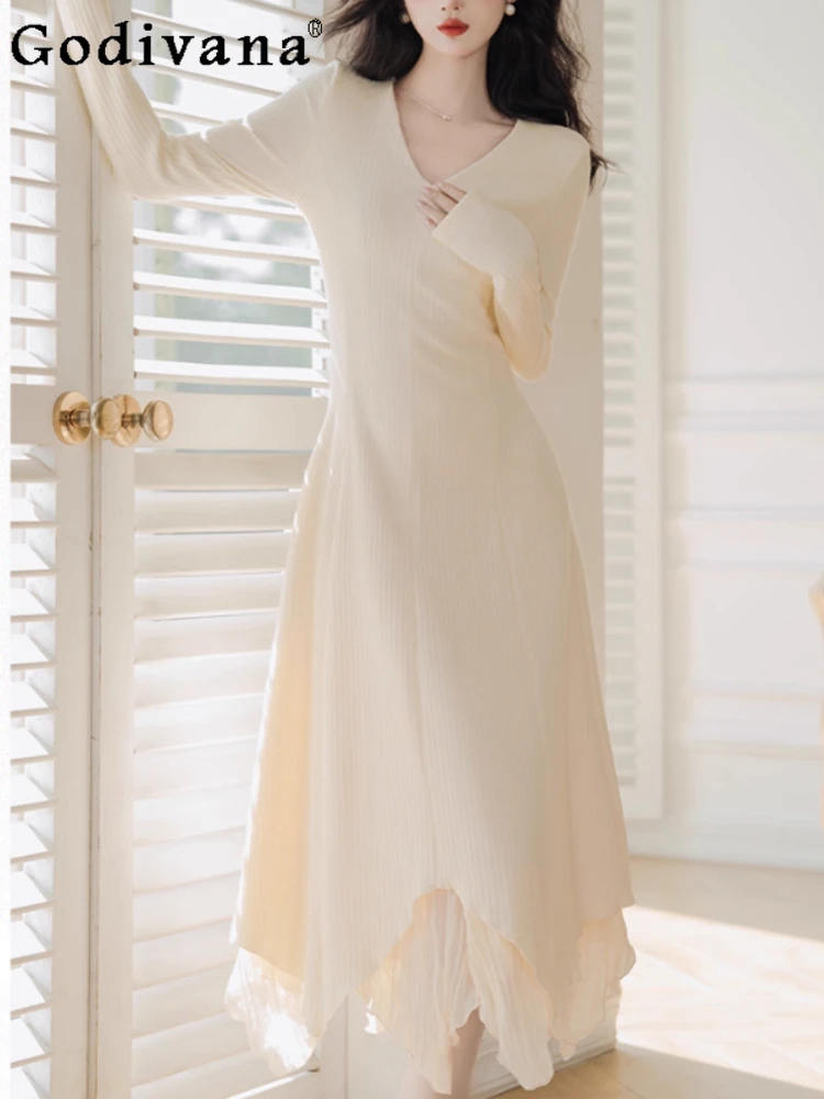 

Women Autumn Winter Slim-fitting Versatile Sweater Dress Fashion High Waiste Temperament V-neck Irregular Knitted Bottom Dresses