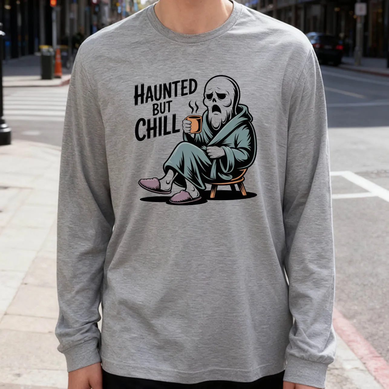 Haunted but Chill Men's Long Sleeve T-Shirt 180g 100% Cotton Printed Crew Neck Casual Daily Wear Soft and Breathable
