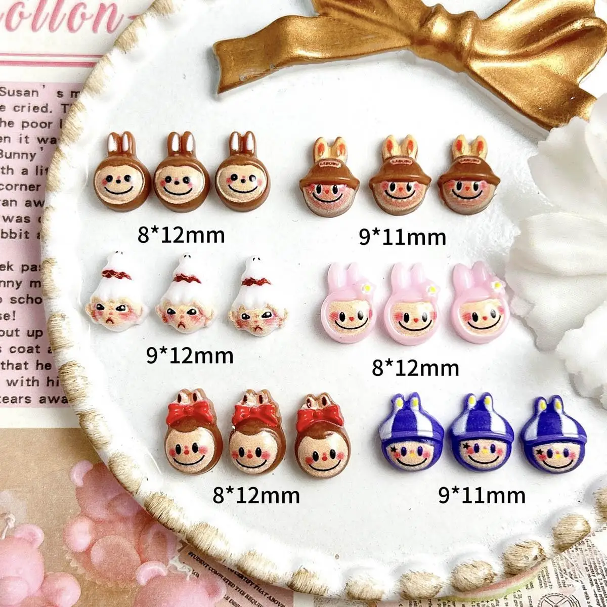 30PCS 3D Kawaii Rabbit Ear Doll Nail Charm Resin Luminous Cartoon Smiling Face Clown Nail Art Decoration Manicure DIY Supplies