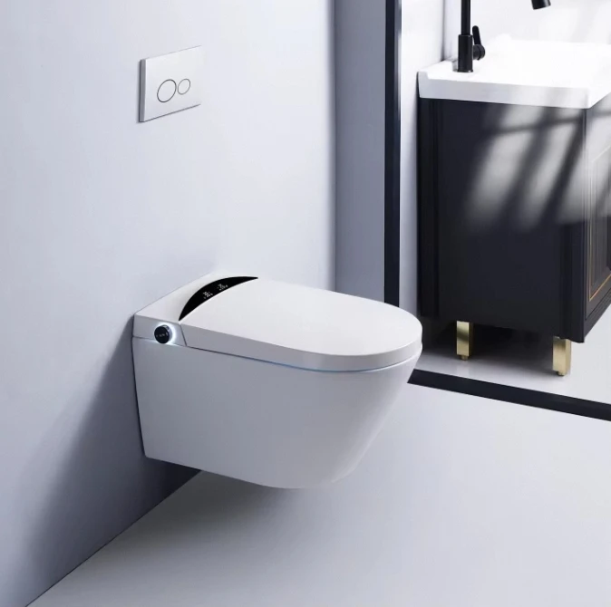 مجموعة مرحاض ذكية أوروبية حديثة مثبتة على الحائط، مرحاض كهربائي ذكي مع جدار خلفي تلقائي للحمام الحديث