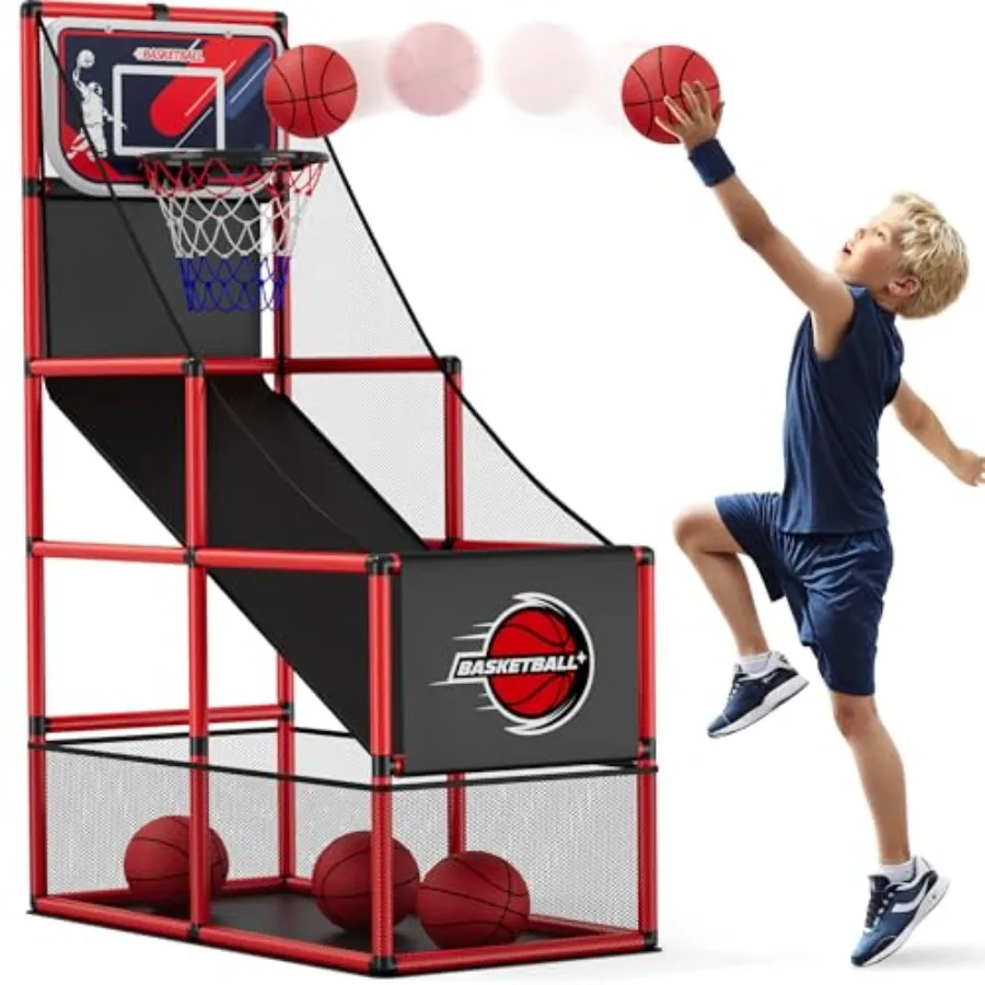 Indoor Outdoor Basketball Arcade Game Hoop with 4 Balls Pump Single Shot Sport Toy for Boys Girls Teens Blue Red