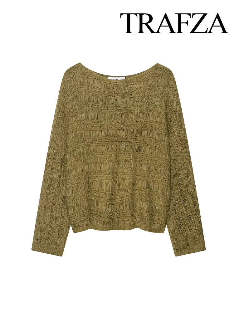 

TRAFZA 2025 Women Fashion Vintage Solid Knitted Pullover Top Female Elegant High Street Loose Casual Long Sleeves Sweater Mujer