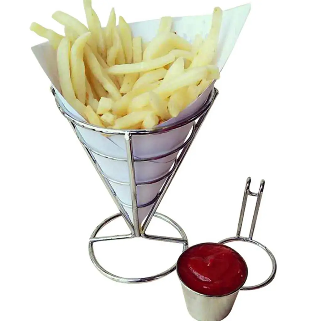 Metal Holder & Ketchup Saucing Fries Cone Basket Black, Great for Calamari, , Mozzarella Sticks, Fish sticks, , , etc