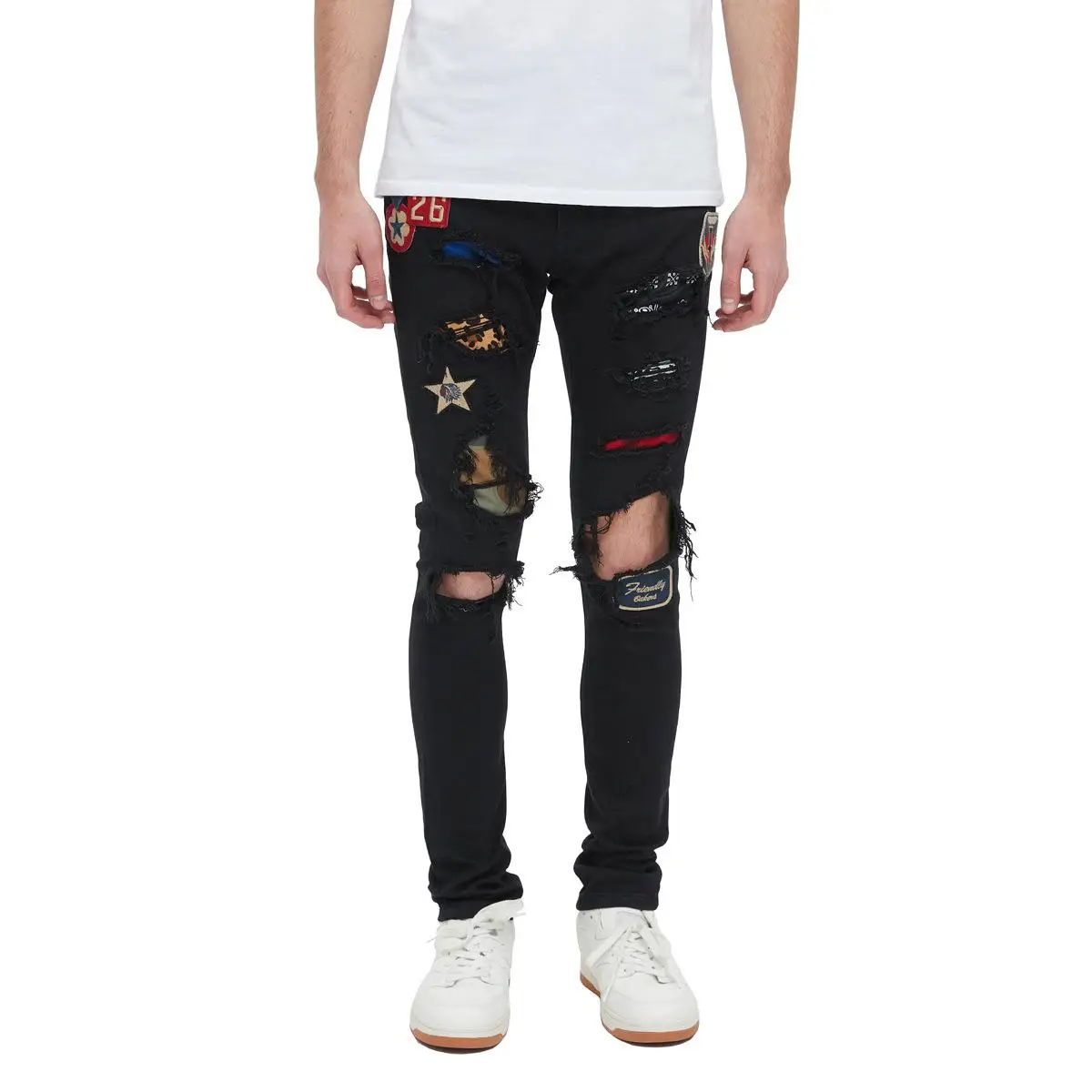 

Men's High Street Tight Elastic Bae Medal Splicing Hole Jeans mid Waist Zipper Closure Resistant to Deformation Summer 205