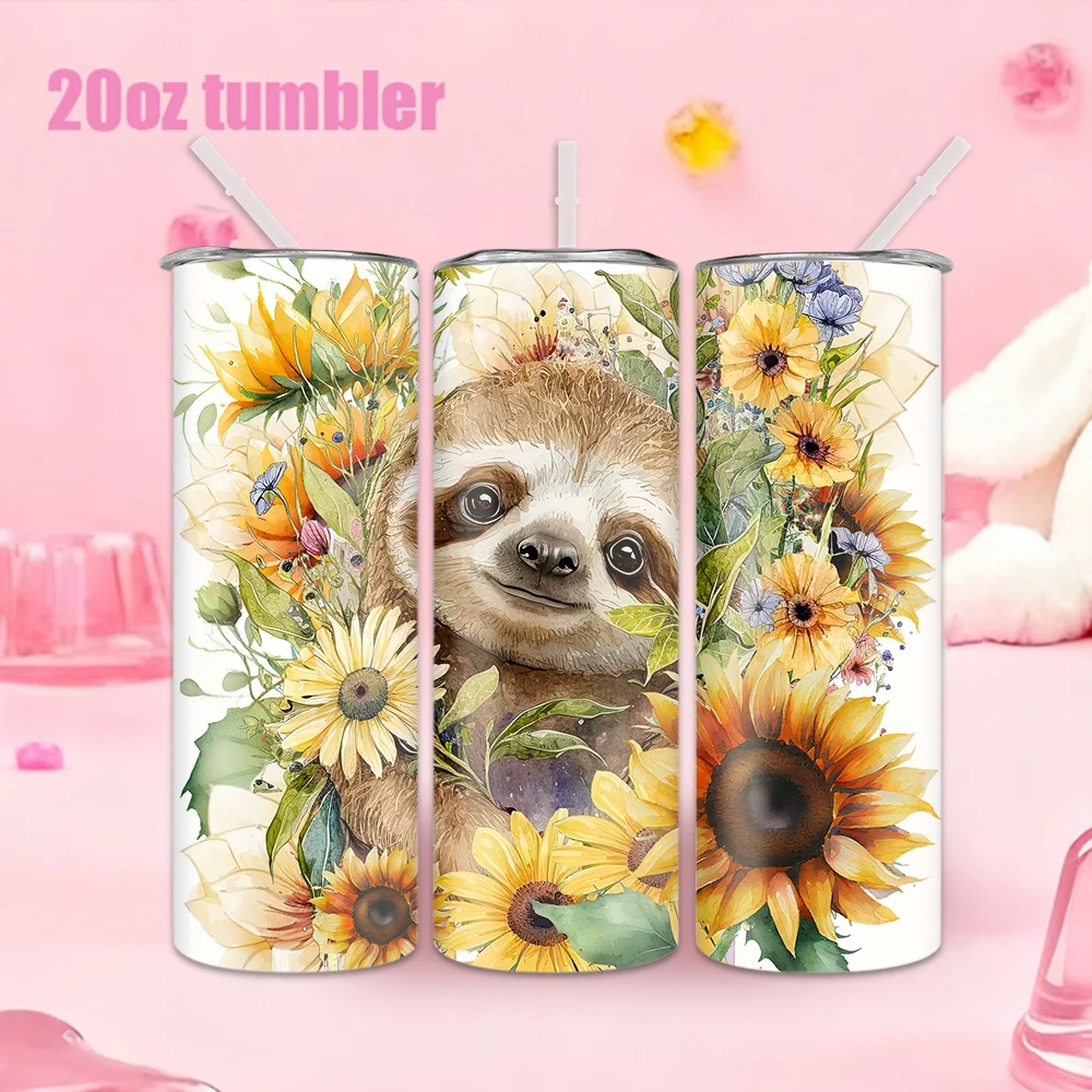 1pc 20oz straw water bottle, insulated stainless steel water cup with a sloth smiling among sunflowers design.