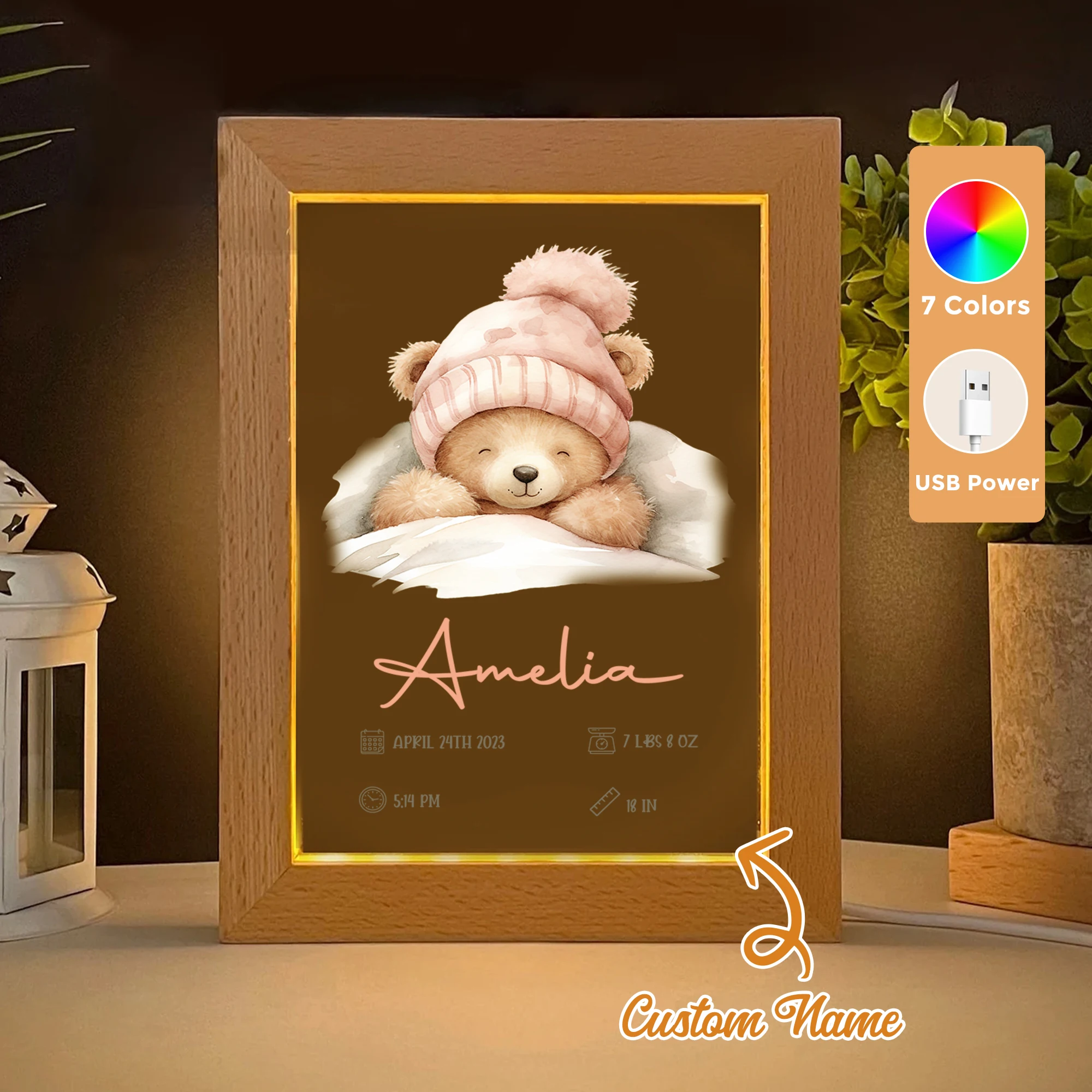 

2D Flat Custom Name Good Night Bear LED Acrylic Night Light Wood Photo Frame 21x17cm Cartoon Children Bedroom Gifts Home Decor