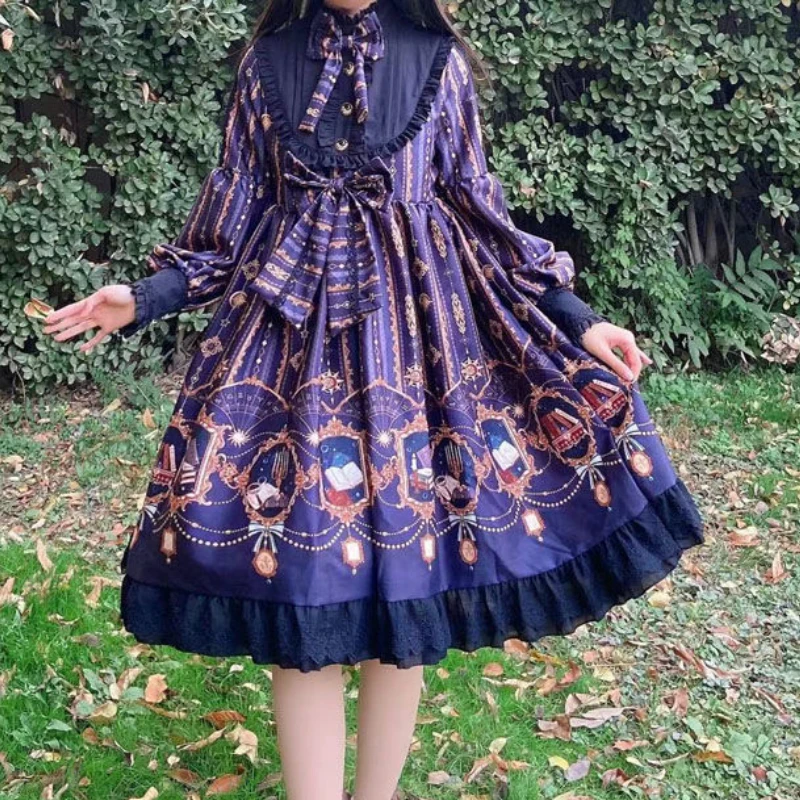 Japanese Victorian Vintage Lolita OP Dress Women Gothic Bow Records of Stars and Sea Print Elegant Princess Dresses Girly Kwaii